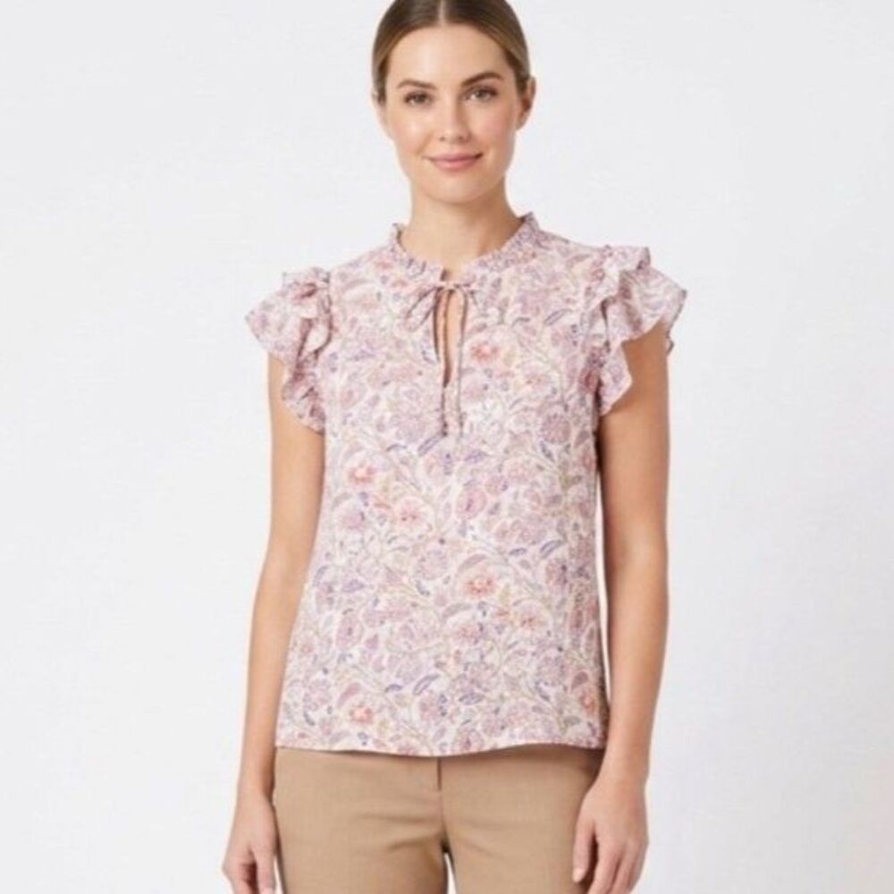 Chelsea & Theodore NWOT Ivory Multicolor Botanical Ruffle Accent SS Top Size 1X